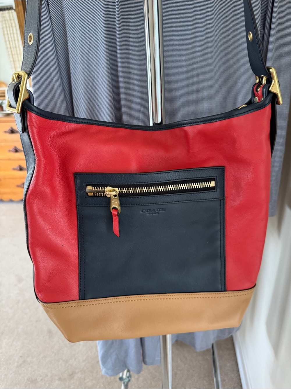 Coach Red, Navy & Tan Colorblock Leather Shoulder Bag. Never used.   
A3